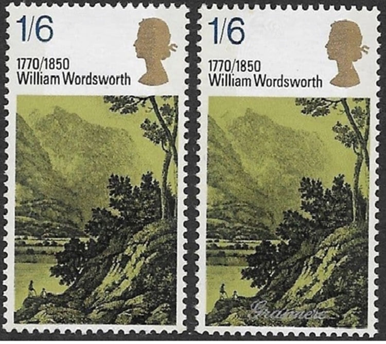 GB SG 828b 1970 Literary Anniversaries 1s6d with Silver ‘Grasmere’ Omitted variety, includes normal for comparison, u/m