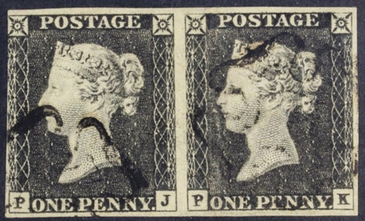 1 GB Penny black pair 1840 1d grey-black plate 3 ‘PJ-PK’ pair both stamps with ‘Letter ‘P’ with small loop’, SG Spec AS21a, used with 3 full margins touching at left cancelled very fine black MX