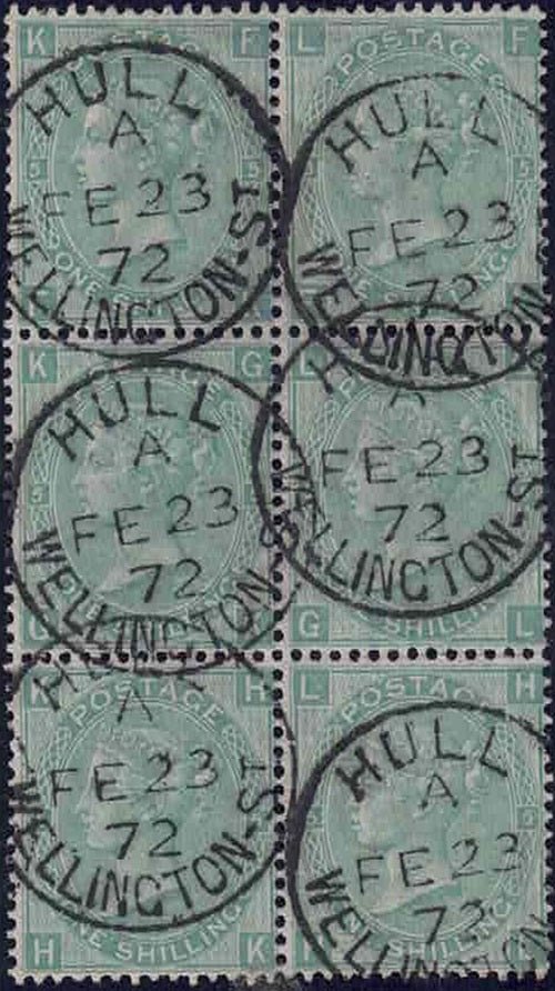 QV SG117 1/- Green Letters FK-H-L block of six Hull CDS 's 23 Feb 1872