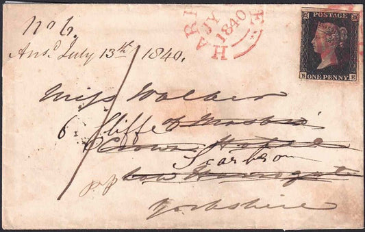 1840 Envelope from London to Low Harrogate 1d black Plate 4 clear margins Red MX re-directed