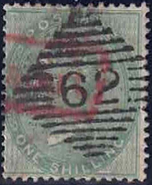 QV SG72 1/- Green with superb Irish diamond +part red (foreign) box cancel