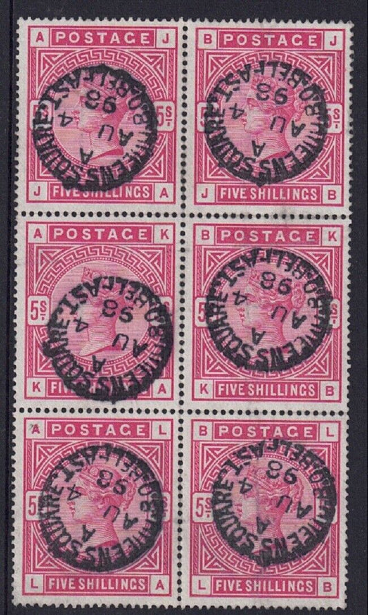QV 1883-84 SG180 Rose 5/- Block of 6 superb Belfast 1898 CDS fine used