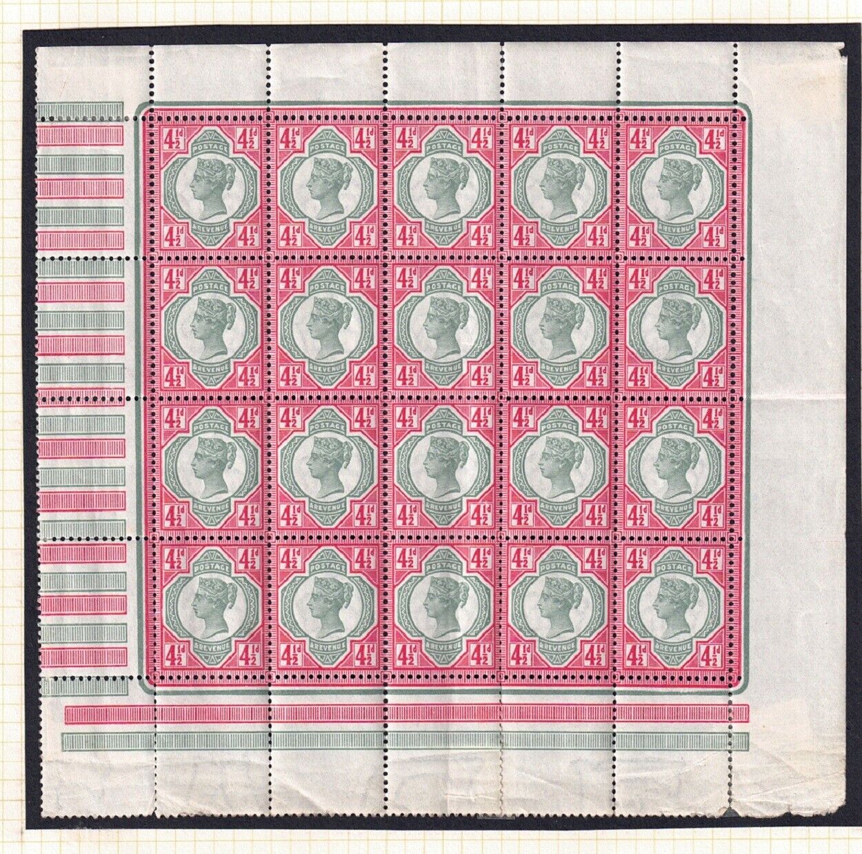 QV K43 Pane F (1) SG 206 4½d green & carmine L/M in margins stamps unmounted